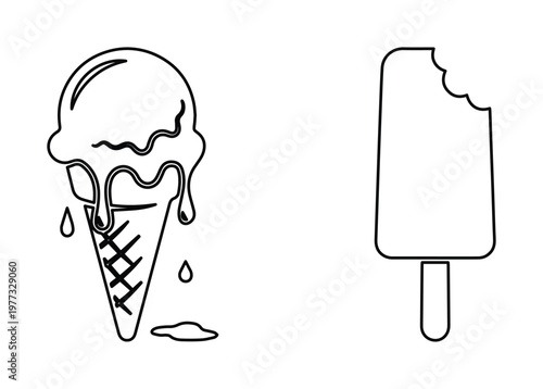 Fotografie Minimalist ice cream line icons, melting waffle cone and bitten popsicle vector