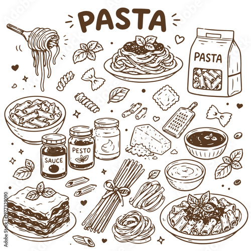 Pasta Italian food doodle set spaghetti sauce ingredients cooking illustration
