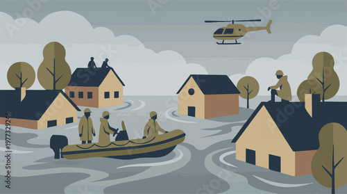 Emergency flood response and rescue operation with boat and helicopter.