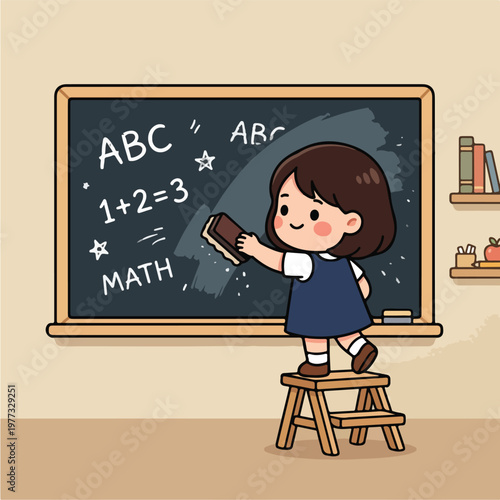 Little girl writing on blackboard.