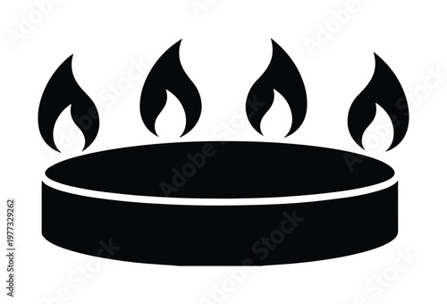 Gas stove burner icon with flames, black silhouette of kitchen cooker hob, domestic natural gas energy symbol for cooking and heating