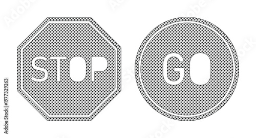 Reflective stop and go traffic signs, octagonal and circular road signal icons with mesh texture, monochrome safety symbols for transportation