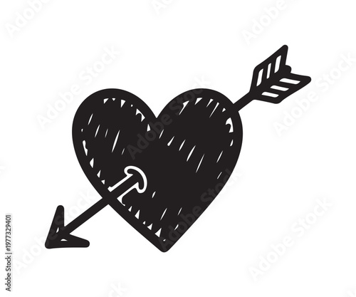 Hand Drawn Heart Pierced by Arrow Silhouette.