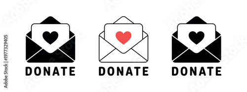 Donate icons vector charity envelope with heart symbol for donation support fundraising help community care and nonprofit organization design