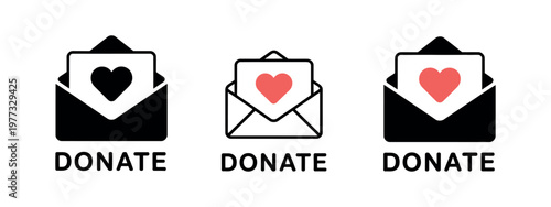 Donate icons vector illustration charity envelope with heart sign for donation campaigns fundraising support social care and nonprofit awareness design