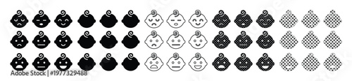 Minimalist baby emoji icons set, infant facial expression avatars in vector format, newborn character head symbols for feedback and mood tracking