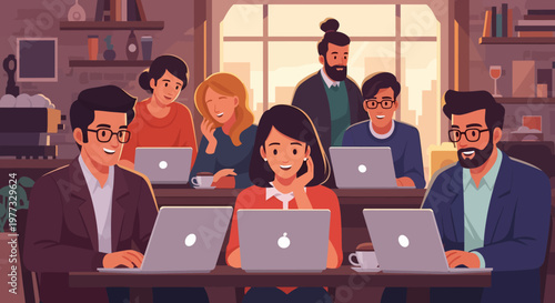 Group of People Working on Laptops Together.