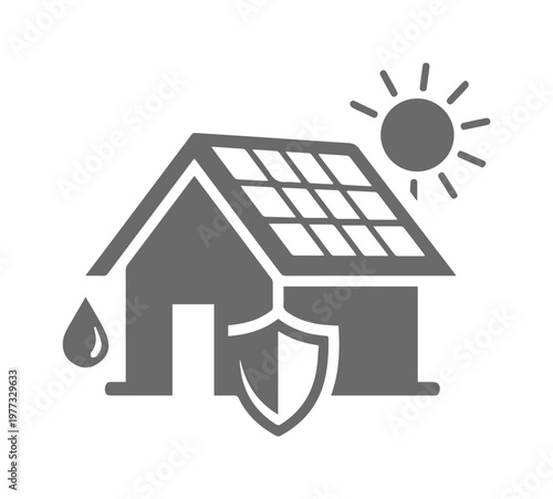 Solar house icon with shield and sun, residential renewable energy protection concept, weatherproof home with solar panels and water drop vector