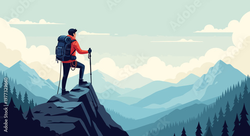 Hiker Standing on Mountain Peak with Backpack.