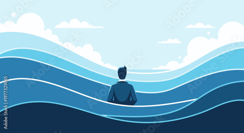 Man Standing Alone on Ocean Waves.