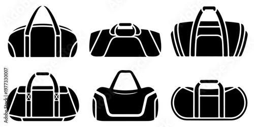 Set of duffel and travel, sports bag icons in bold black silhouette style featuring different shapes for luggage fitness and sports gear concepts