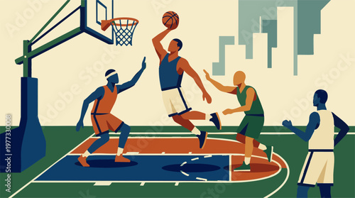 Dynamic basketball game illustration in minimalist style with city background