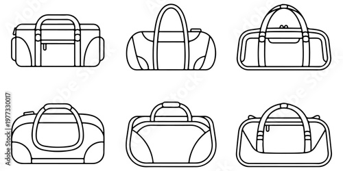 Set of duffel and travel, sports bag icons in bold black silhouette style featuring different shapes for luggage fitness and sports gear concepts