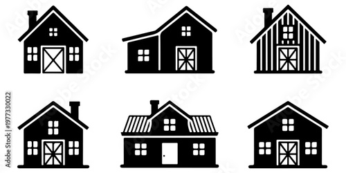 Farm buildings and barn house icon collection in black silhouette including rural countryside structures