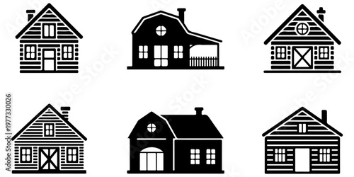 Farm buildings and barn house icon collection in black silhouette including rural countryside structures