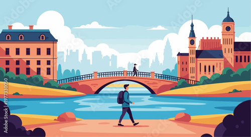 Man Walking Across Bridge Near Buildings.