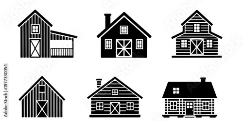 Farm buildings and barn house icon collection in black silhouette including rural countryside structures