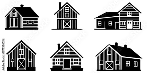Farm buildings and barn house icon collection in black silhouette including rural countryside structures