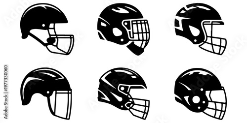 American football helmet icon set in black silhouette with multiple protective gear styles for sports design