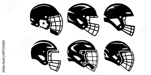 American football helmet icon set in black silhouette with multiple protective gear styles for sports design