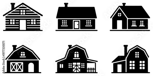 Farm buildings and barn house icon collection in black silhouette including rural countryside structures