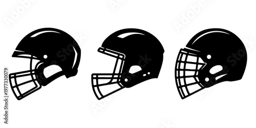 American football helmet icon set in black silhouette with multiple protective gear styles for sports design