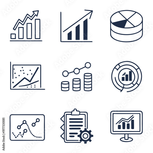 A set of modern line art icons depicting various business and finance concepts