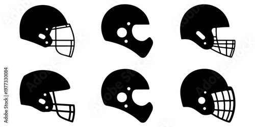 American football helmet icon set in black silhouette with multiple protective gear styles for sports design