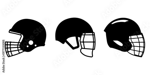 American football helmet icon set in black silhouette with multiple protective gear styles for sports design