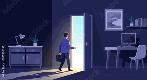 Man walking into a bright office doorway.