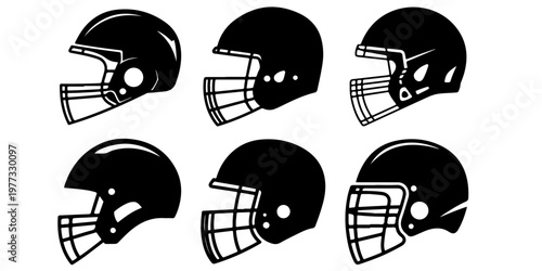 American football helmet icon set in black silhouette with multiple protective gear styles for sports design