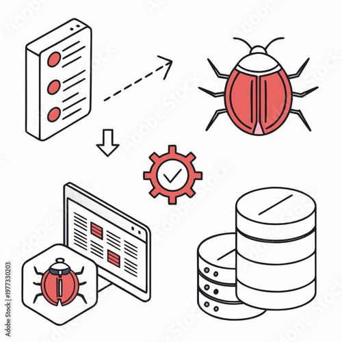 A vector graphic illustrating the concept of debugging and bug fixing in software development