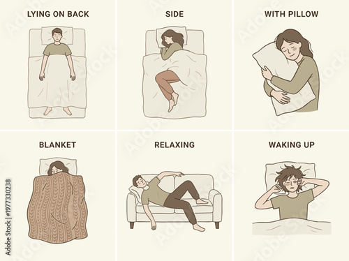 People sleeping collection of isolated illustrations, lying on back and side with pillows and blankets