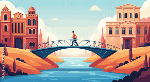 Man Walking on Metal Arch Bridge.