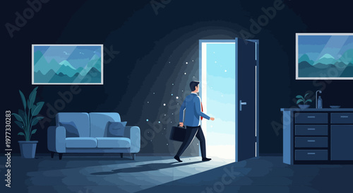 Man Walking Through Open Doorway in Dark Room.