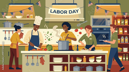 Diverse people cooking together for Labor Day celebration illustration