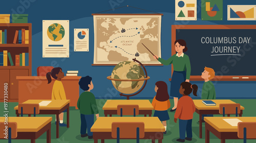 Teacher explaining Columbus Day history to students in classroom