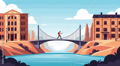 Person Running on Suspension Bridge Illustration.