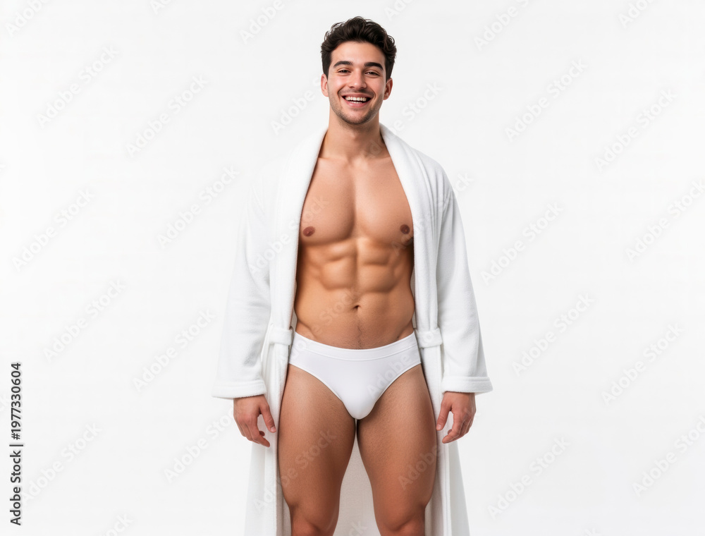 Fototapeta premium Confident athletic young man posing with a playful smile in a white bathrobe and briefs, embodying wellness, fitness, and male grooming lifestyle concepts.