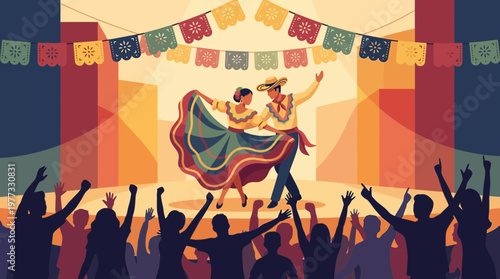 Mexican Folk Dancers Performing on Stage with Audience