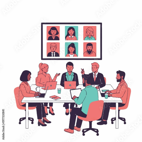 Diverse team collaborating in modern office meeting with video conference.