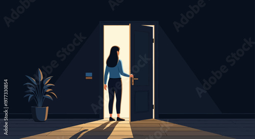 Woman Standing in Open Doorway at Night.