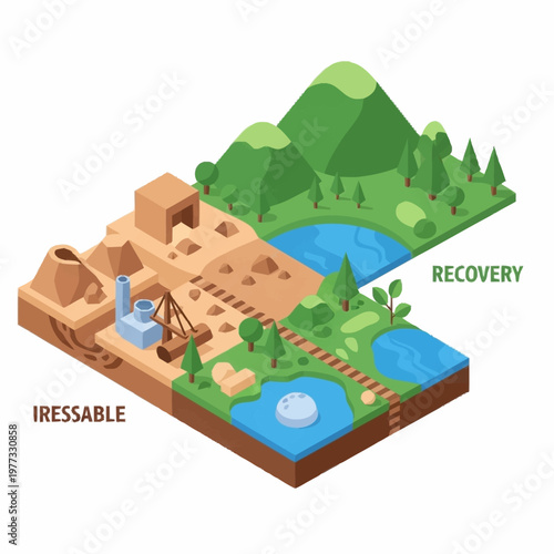 Environmental degradation and recovery comparison isometric illustration.