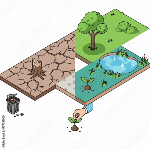 Environmental transformation from barren land to lush ecosystem.