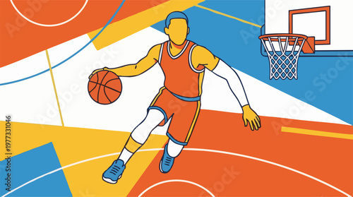 Stylized basketball player dribbling ball on a vibrant geometric court