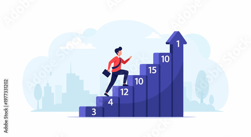 Businessman climbing bar graph with rising arrow.
