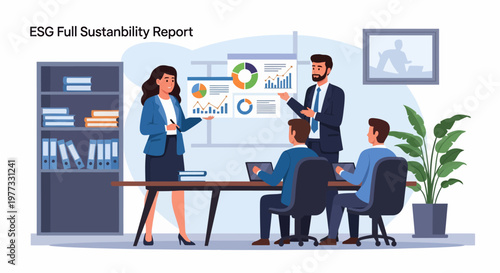 Business Professionals Discussing ESG Sustainability Report.