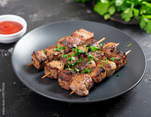 A plate of four grilled meat skewers arranged neatly on a dark plate with sauce. Ai