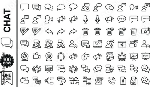 A collection of 100 line icons depicting various chat and communication symbols on a white background Ai, eps, jpg, transparent background, png