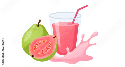 guava illustration splash, guava fruit illustration, tropical fruit illustration, exotic fruit illustration, juicy guava illustration, guava juice illustration, juice splash illustration, water splash